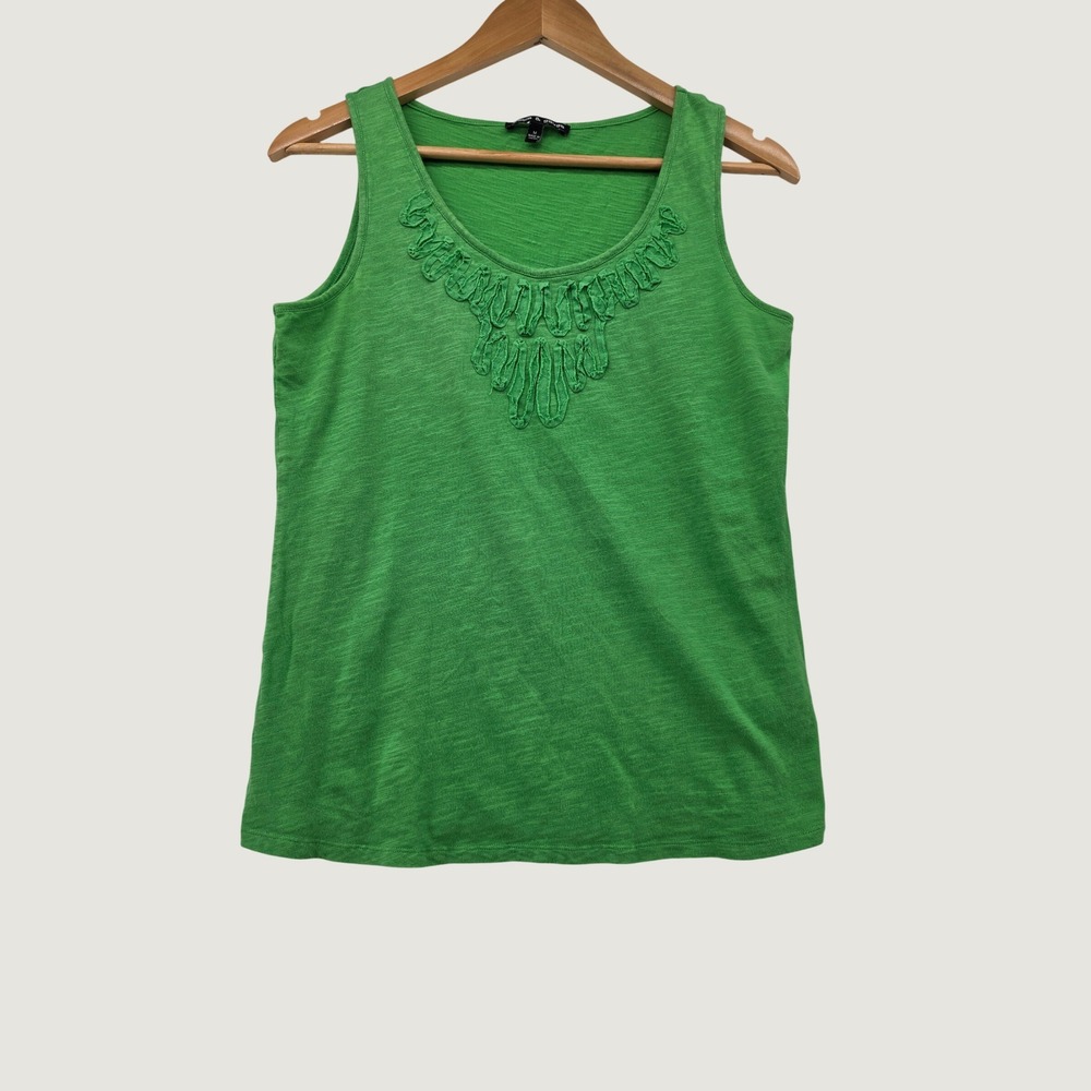 Cable & Gauge Green Cotton Slub Knit Ruffle Neck Tank Top Womens Medium M